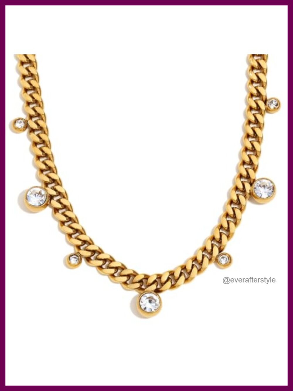 Gold Tone Cuban Link Necklace with Seven CZ Charms Adjustable Stainless Steel